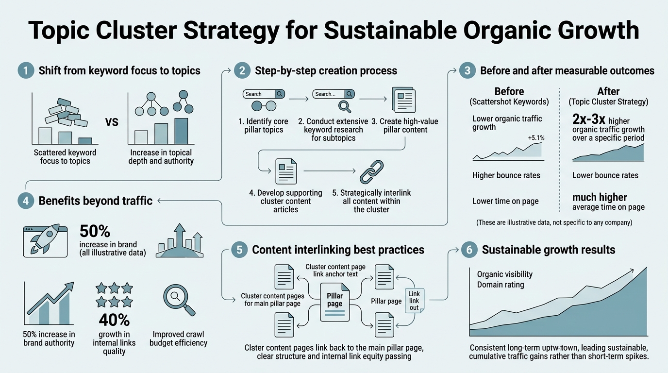 Topic Cluster Strategy for Sustainable Organic Growth infographic