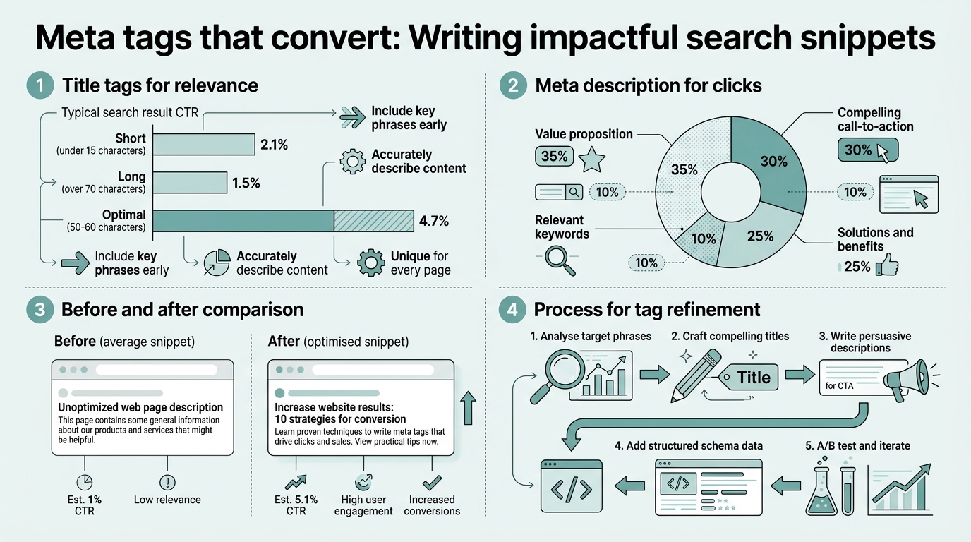 Meta Tags That Convert: Writing Titles and Descriptions That Win infographic