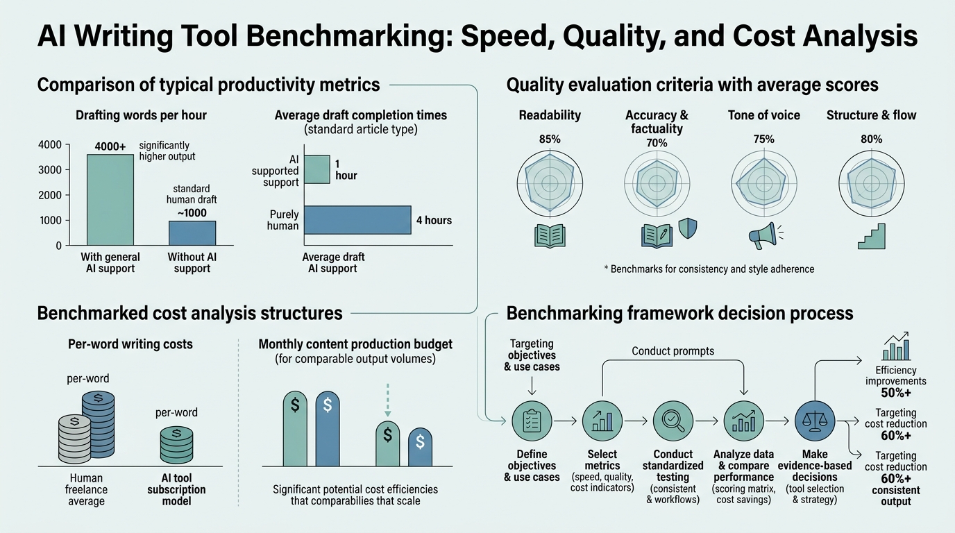 AI Writing Tool Benchmarking: Speed, Quality, and Cost Analysis infographic