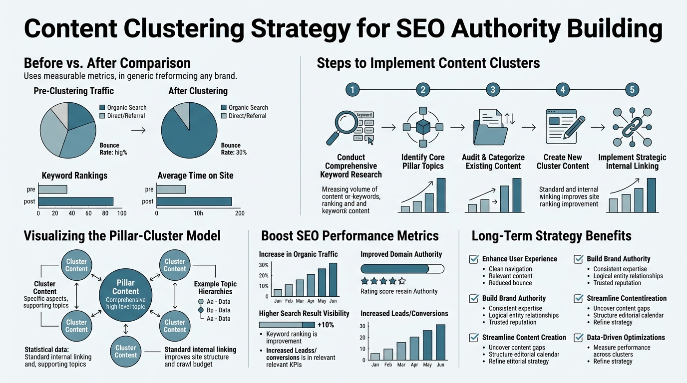 Content Clustering Strategy for SEO Authority Building infographic
