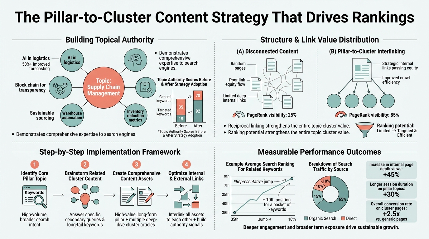 The Pillar-to-Cluster Content Strategy That Drives Rankings infographic