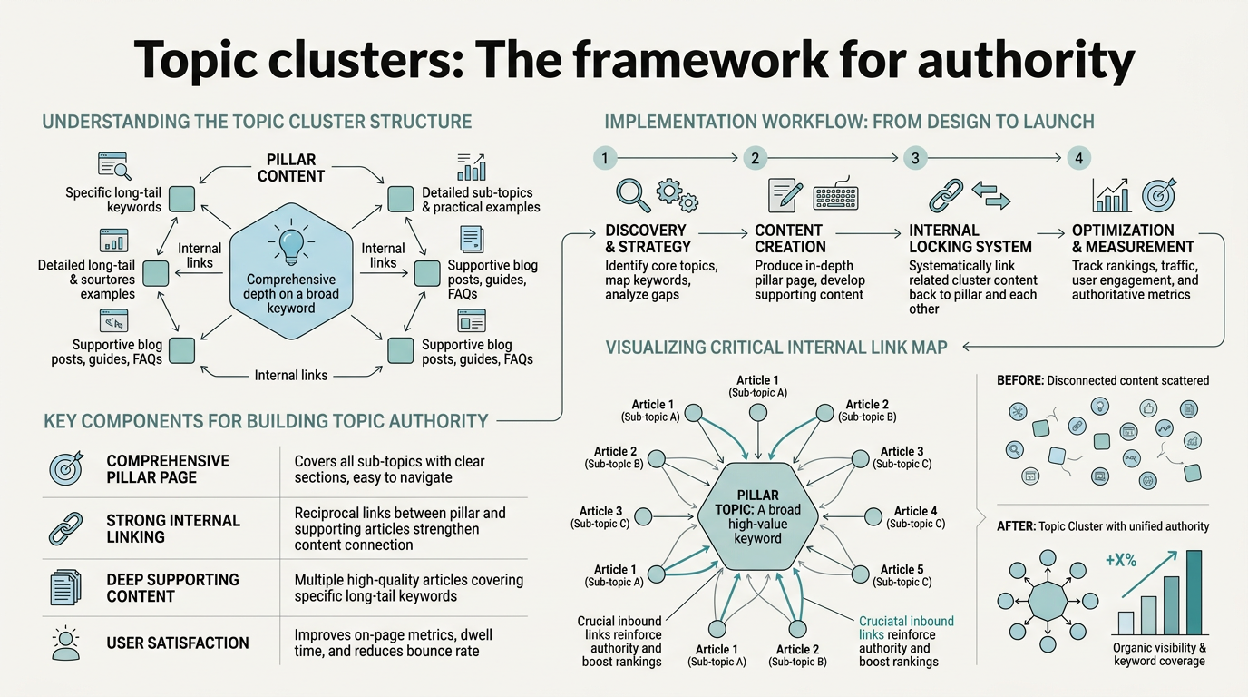 Topic Clusters: The Framework for Authority infographic