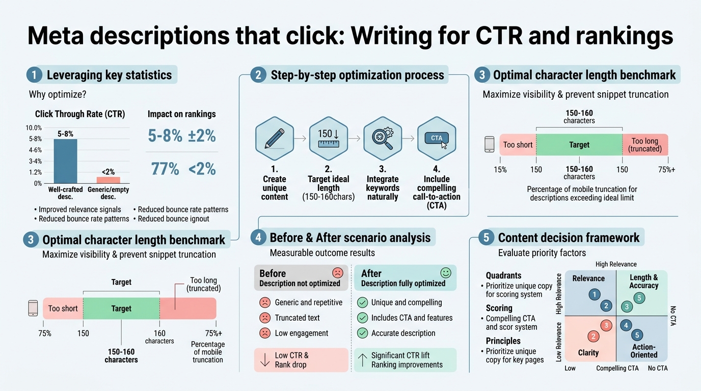 Meta Descriptions That Click: Writing for CTR and Rankings infographic