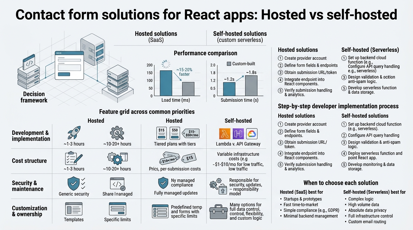 Contact Form Solutions for React Apps: Hosted vs Self-Hosted infographic