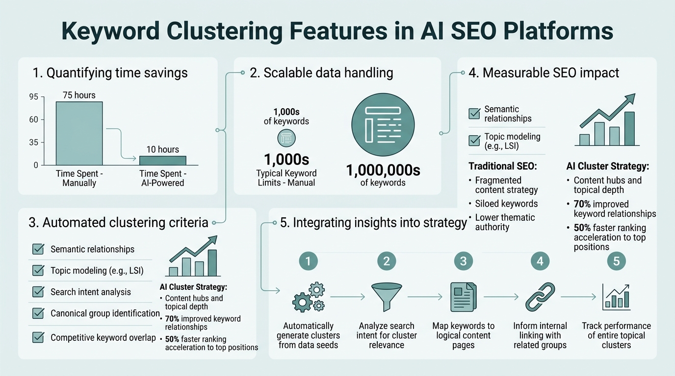 Keyword Clustering Features in AI SEO Platforms infographic