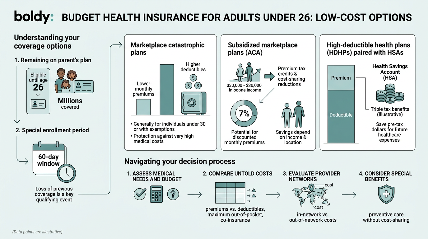 Budget Health Insurance for Adults Under 26: Low-Cost Options infographic