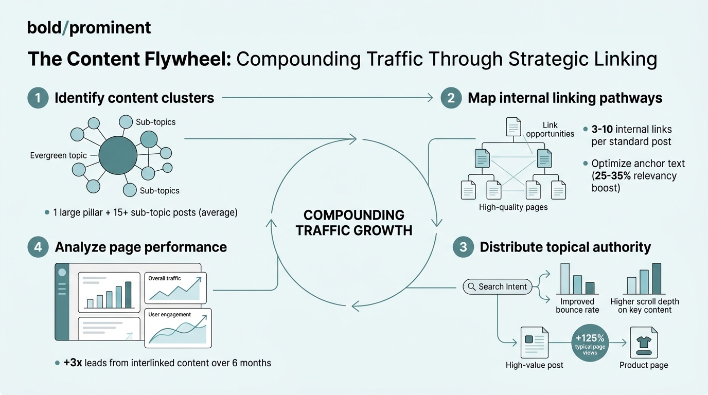 The Content Flywheel: Compounding Traffic Through Strategic Linking infographic