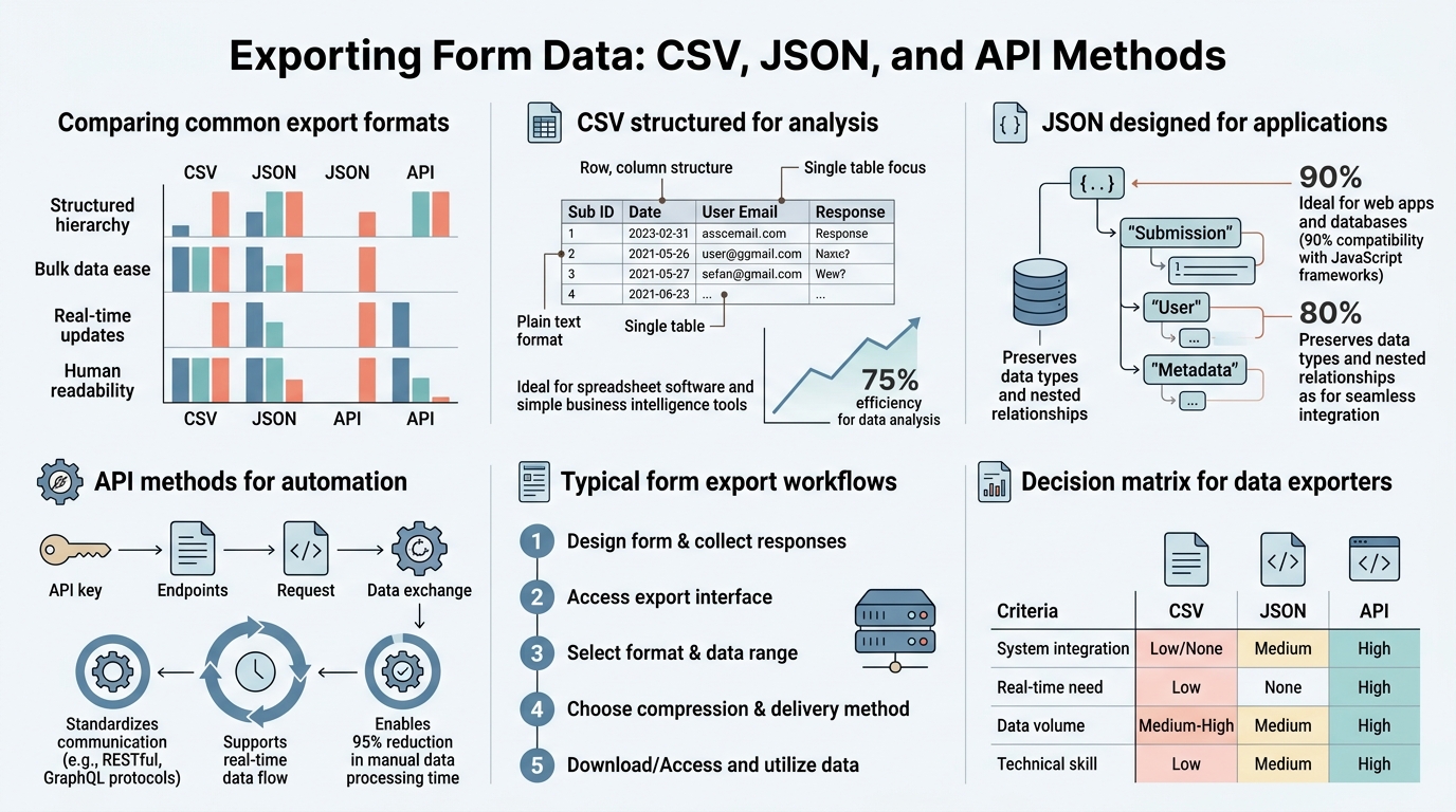 Exporting Form Data: CSV, JSON, and API Methods infographic