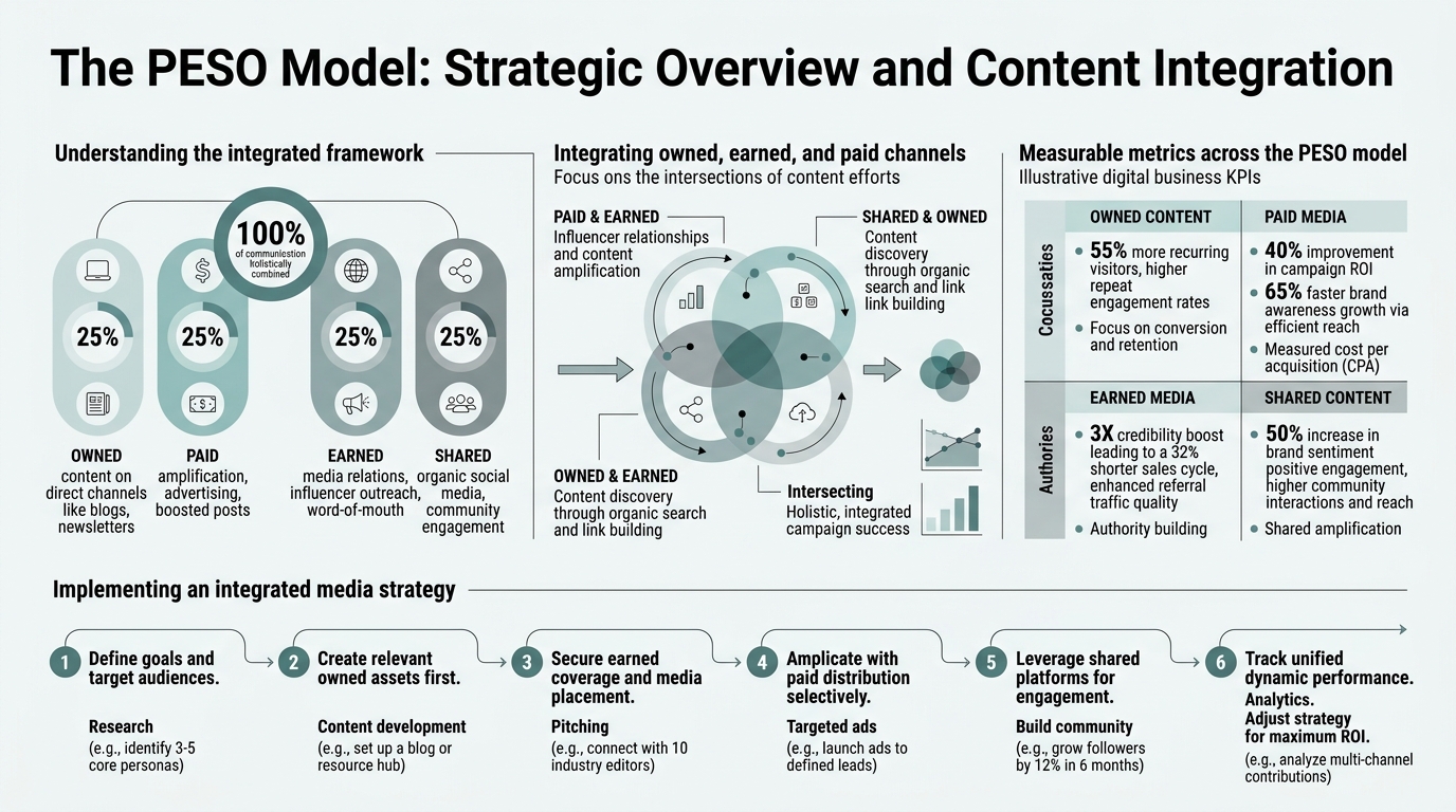The PESO Model: Integrating Owned, Earned, and Paid Content infographic
