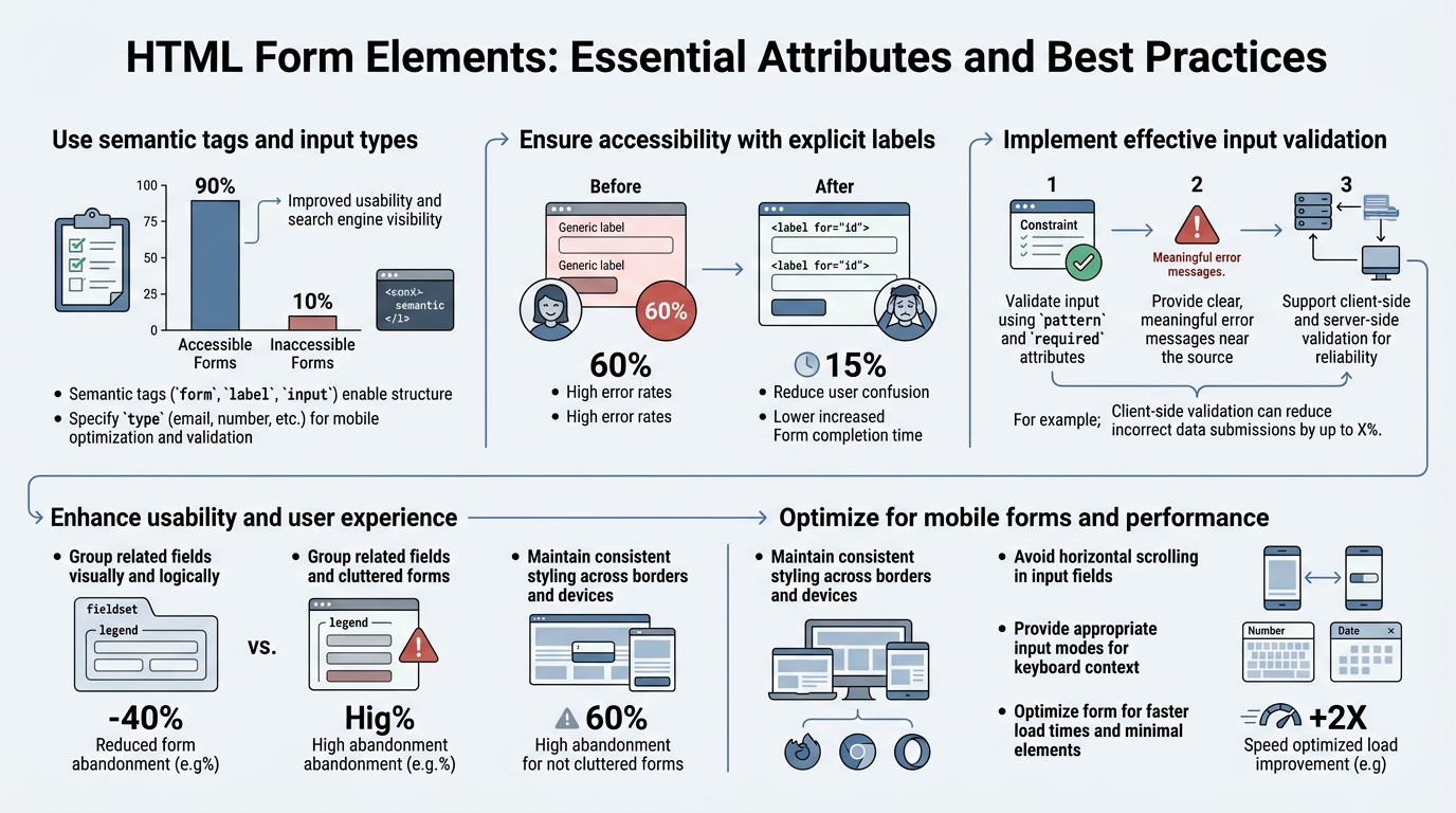 HTML Form Elements: Essential Attributes and Best Practices infographic