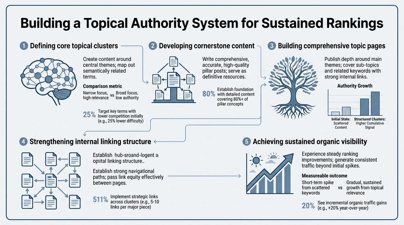 Building a Topical Authority System for Sustained Rankings infographic