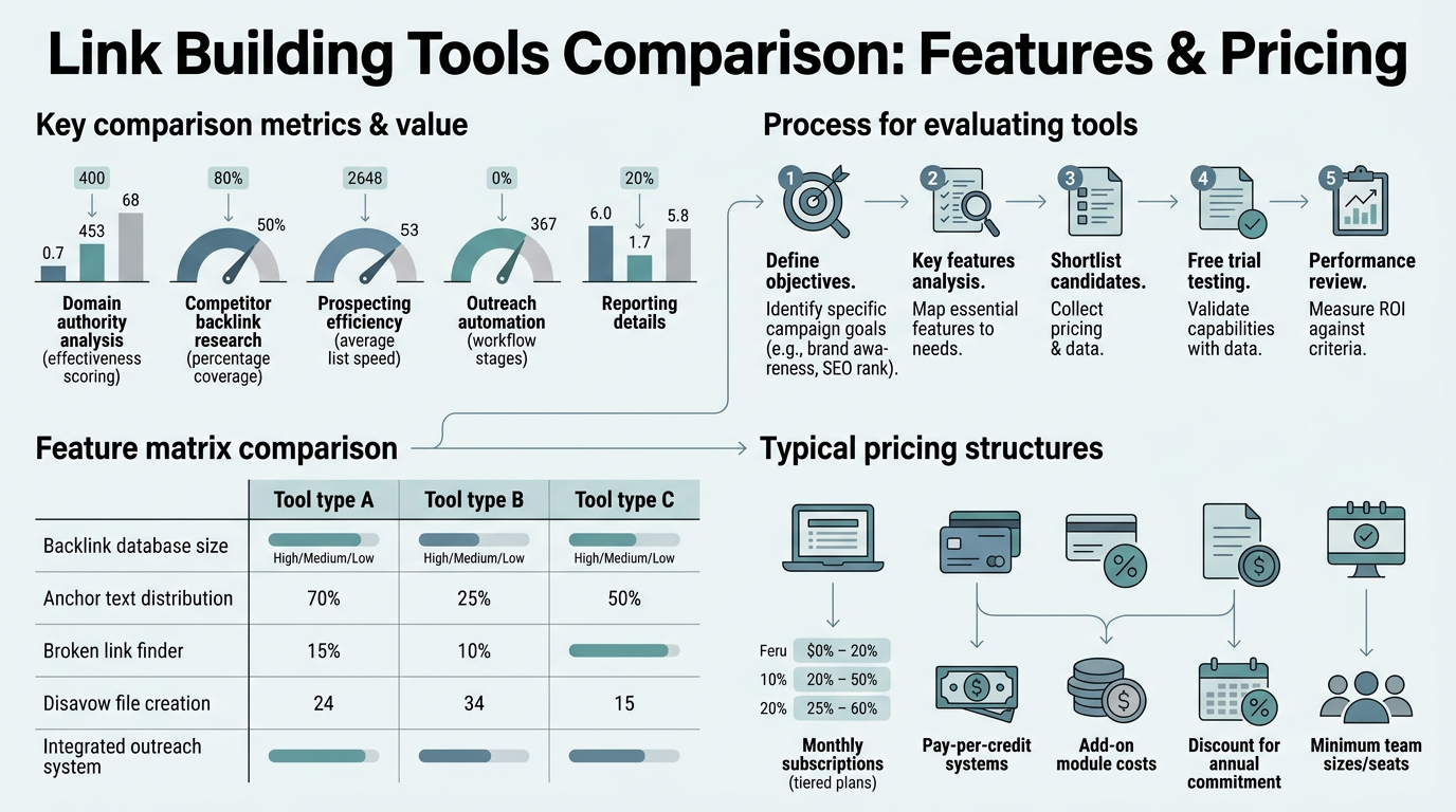 Link Building Tools Comparison: Features & Pricing infographic