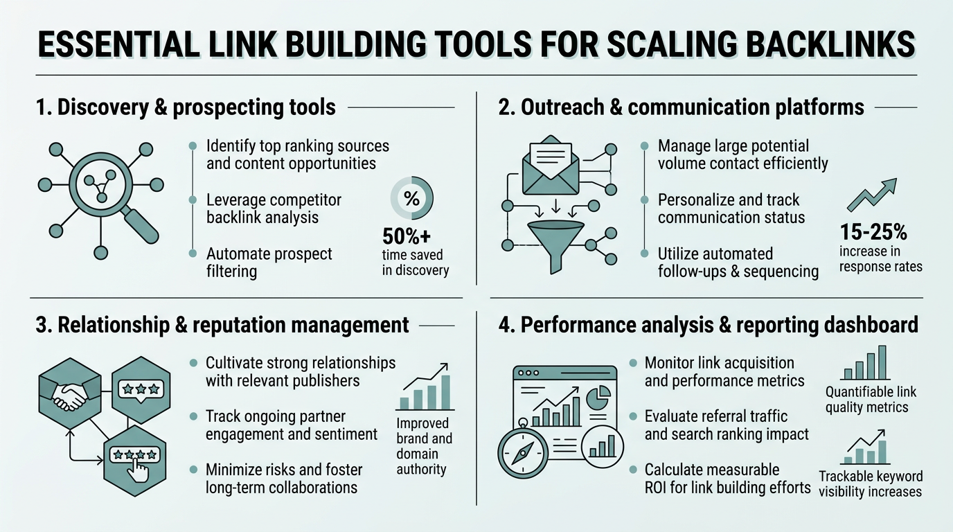 Essential Link Building Tools for Scaling Backlinks infographic